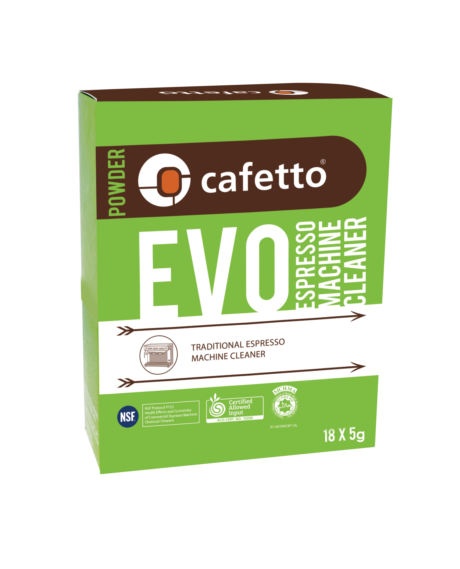 Detergent pudra organic CAFETTO EVO Sachets, pentru igienizarea espressoarelor tip office, Cutie 18 Plicuri x 5g